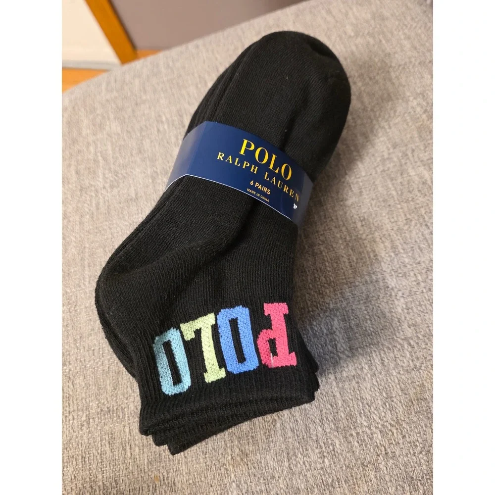 Polo Ralph Lauren 6 Pair Black Ankle Socks Multi Color Logo Size 9-11 NEW